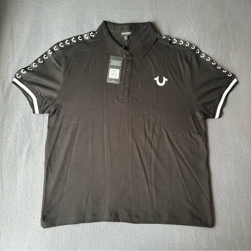 True Religion Polo Shirt Mens XL Black Logo Trim Relaxed Fit Short Sleeve Buddha